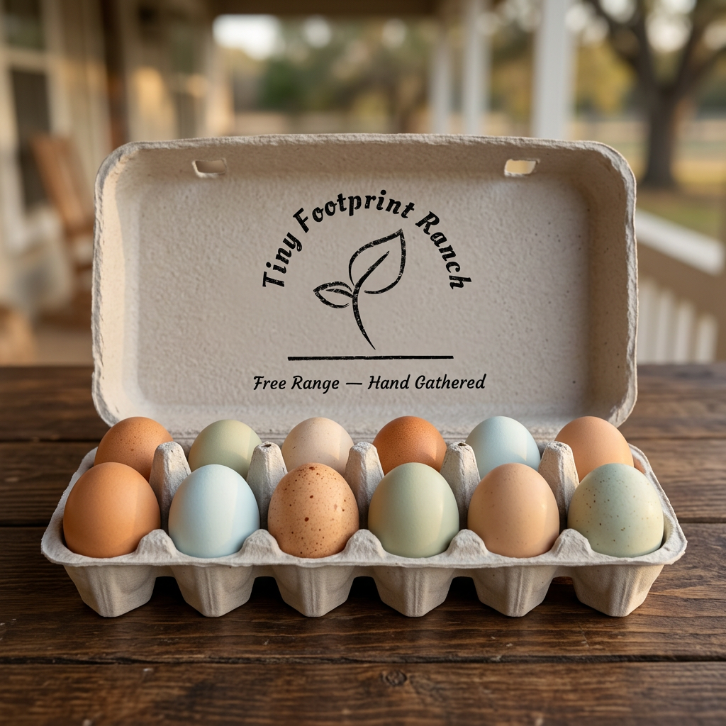 A dozen pasture-raised eggs from Tiny Footprint Ranch in a branded carton