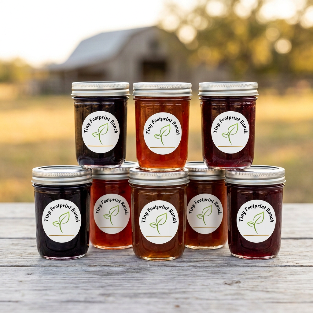 Tiny Footprint Ranch homemade jam jars with branded leaf logo labels