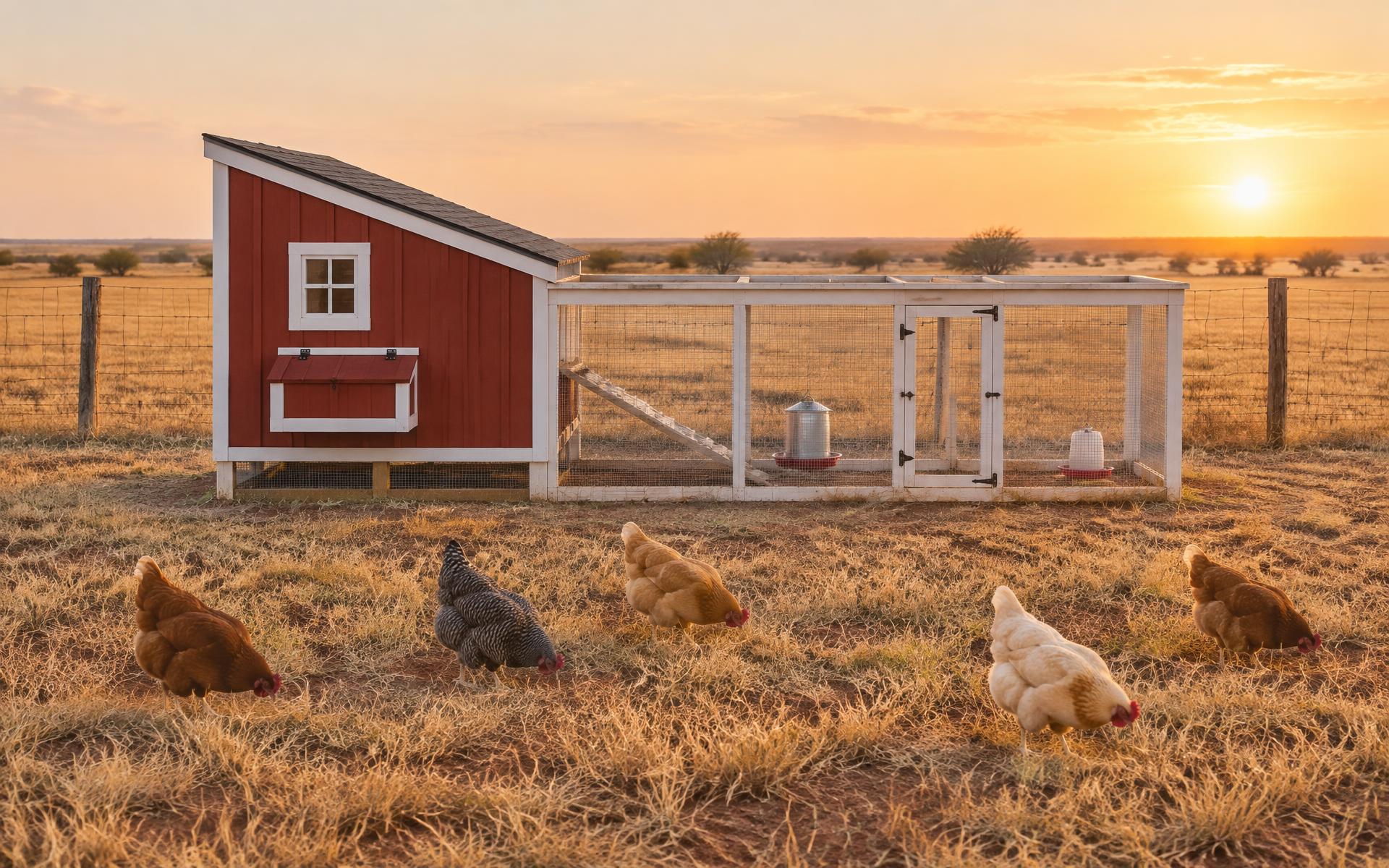 A small sustainable farm with vegetable beds, chickens, young trees, and a barn at sunrise